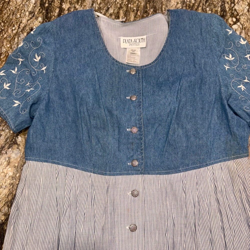 Vintage Embroidered Denim Striped Midi Dress Cottagecore Women 14P Blue - Picture 4 of 12
